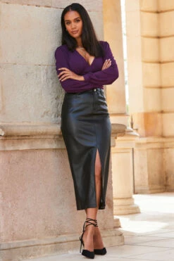 Purple Blouson Sleeve Ruched Front Top -SOSANDAR Sales web 2309 155 a23tj069pe0015 a23sp004bk0001 155 197