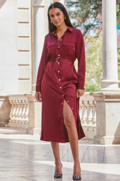 Burgundy Satin Utility Shirt Dress 7 Burgundy Satin Utility Shirt Dress -SOSANDAR Sales web 2309 159 a23dw075rd0039 159 009