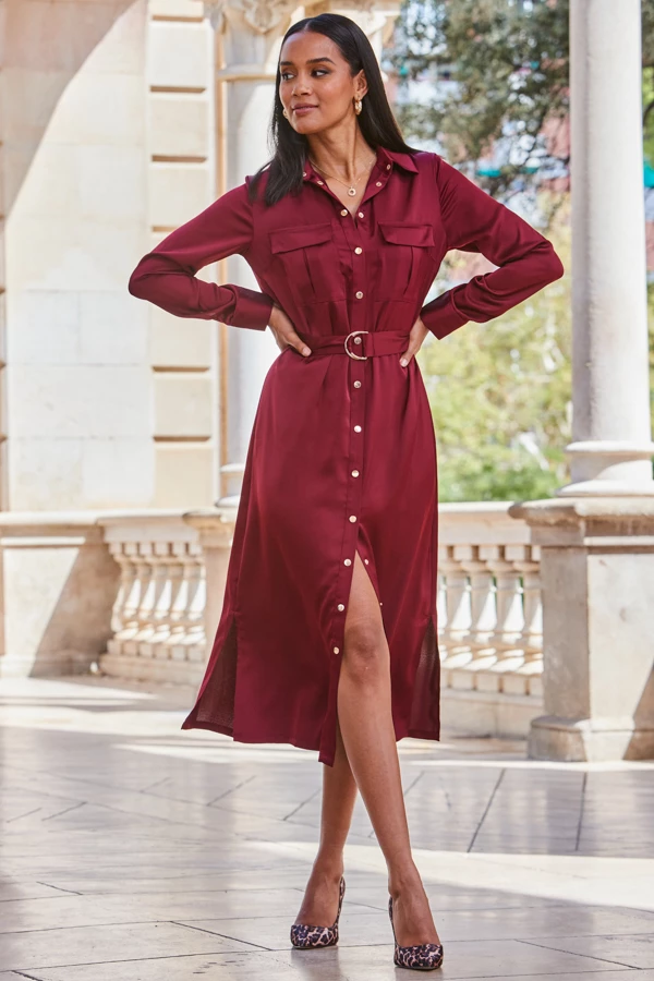 Burgundy Satin Utility Shirt Dress 3 Burgundy Satin Utility Shirt Dress