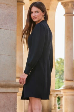 Black Faux Wrap Mesh Sleeve Dress -SOSANDAR Sales web 2309 165 a23dw045bk0001 165 292