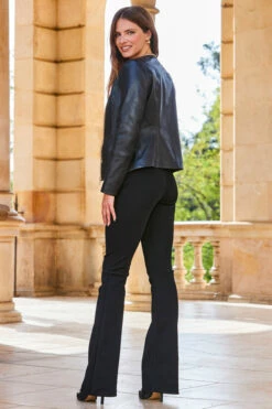 Black Round Neck Leather Jacket With Gold Chain Detail -SOSANDAR Sales web 2309 170 a23ol003bk0001 s23bj001bk0001 170 298