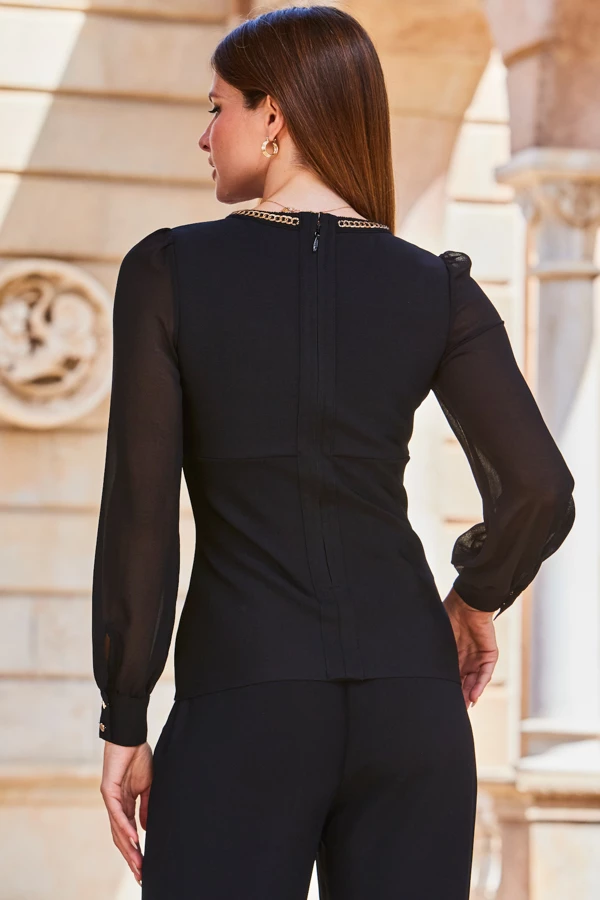 Black Sheer Sleeve Top With Luxe Chain Trim 6 Black Sheer Sleeve Top With Luxe Chain Trim - Image 4