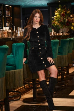 Black Velvet Fit & Flare Dress With Button Pocket Detail -SOSANDAR Sales web 2309 180 a23dd012bk0001 180 005