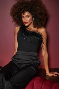 Black One Shoulder Feather Trim Top