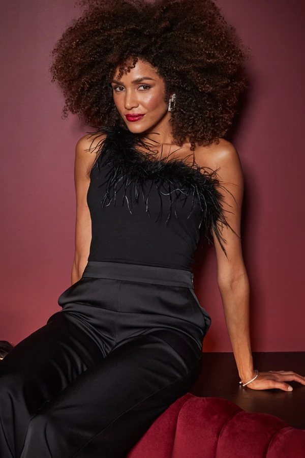 Black One Shoulder Feather Trim Top 3 Black One Shoulder Feather Trim Top