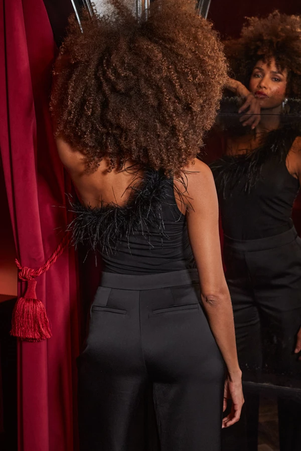 Black One Shoulder Feather Trim Top 5 Black One Shoulder Feather Trim Top - Image 3