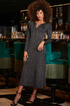 Pewter Metallic Chain Lace Up Detail Midi Dress -SOSANDAR Sales web 2309 230 a23dk197mc0004 230 030