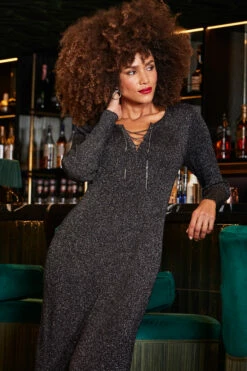 Pewter Metallic Chain Lace Up Detail Midi Dress -SOSANDAR Sales web 2309 230 a23dk197mc0004 230 062