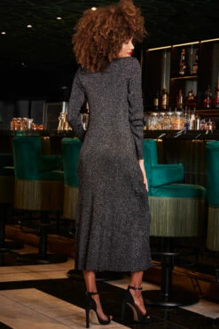 Pewter Metallic Chain Lace Up Detail Midi Dress -SOSANDAR Sales web 2309 230 a23dk197mc0004 230 085