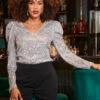 Silver Luxe Sequin Gathered Sleeve Top
