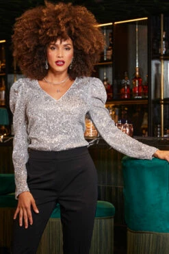 Silver Luxe Sequin Gathered Sleeve Top