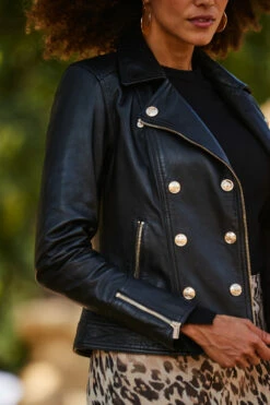 Black Leather Biker Jacket With Gold Button Detail 11 Black Leather Biker Jacket With Gold Button Detail -SOSANDAR Sales web 2309 24 s23sw027bran01 a23ol002bk0001 a22tk530bk0001 24 437
