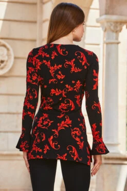 Black & Red Baroque Print Keyhole Detail Fluted Cuff Jersey Top -SOSANDAR Sales web 2309 251 a23tj102rdcv01 251 132