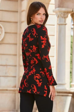 Black & Red Baroque Print Keyhole Detail Fluted Cuff Jersey Top -SOSANDAR Sales web 2309 251 a23tj102rdcv01 251 141