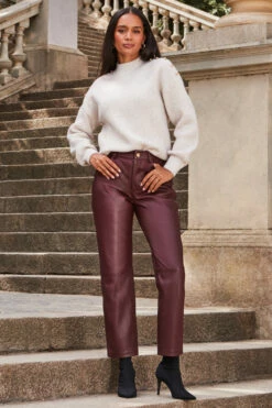 Wine Leather Straight Leg Trousers -SOSANDAR Sales web 2309 252 a22bl020rd0011 203 1