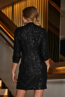 Black Sequin Ruched Sleeve Blazer Dress -SOSANDAR Sales web 2309 29 a23dw053bk0001 29 072
