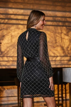 Black Geometric Embellished Belted Shift Dress 12 Black Geometric Embellished Belted Shift Dress -SOSANDAR Sales web 2309 33 a23dw019bk0001 33 046