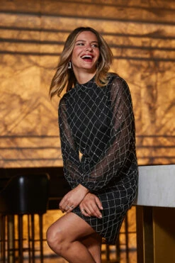 Black Geometric Embellished Belted Shift Dress 11 Black Geometric Embellished Belted Shift Dress -SOSANDAR Sales web 2309 33 a23dw019bk0001 33 078