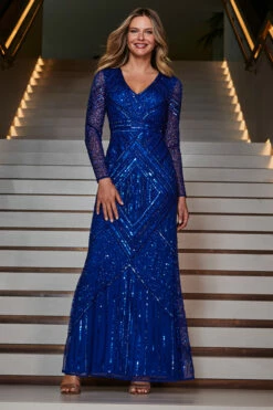 Sapphire Blue Premium Embellished Sequin Maxi Dress