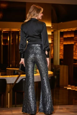 Pewter Sequin Kick Flare Trousers -SOSANDAR Sales web 2309 40 a23ow061bk0001 a23bw008be0028 a23tw045bk0001 40 114