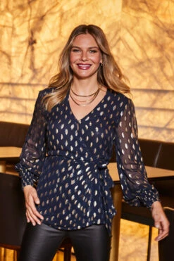 Navy Blue & Gold Metallic Spot Wrap Top 9 Navy Blue & Gold Metallic Spot Wrap Top -SOSANDAR Sales web 2309 41 a23tw030be0003 41 172