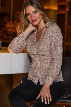 Rose Gold Sequin Ruched Front Shirt