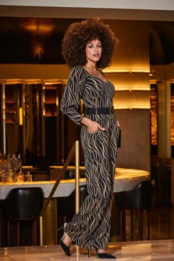Brown & Black Geometric Print Wide Leg Jumpsuit With Belt -SOSANDAR Sales web 2309 48 a23jj006bkcv01 48 042
