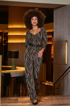 Brown & Black Geometric Print Wide Leg Jumpsuit With Belt -SOSANDAR Sales web 2309 48 a23jj006bkcv01 48 105
