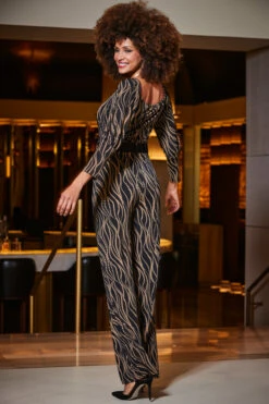 Brown & Black Geometric Print Wide Leg Jumpsuit With Belt -SOSANDAR Sales web 2309 48 a23jj006bkcv01 48 121