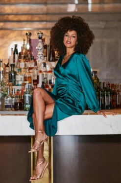 Emerald Green Satin Wrap Front Ruched Midi Dress -SOSANDAR Sales web 2309 50 a23dw006gn0032 50 074