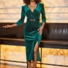 Emerald Green Velvet Faux Wrap Midi Dress With Belt -SOSANDAR Sales web 2309 51 a23dv001gn0001 51 113 2