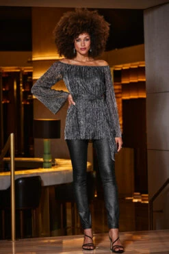 Pewter Metallic Plisse Bardot Belted Jersey Top 12 Pewter Metallic Plisse Bardot Belted Jersey Top -SOSANDAR Sales web 2309 55 a23tj027mc0012 a23bd013mc0011 55 002