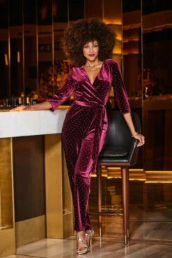 Burgundy Velvet Diamante Stud Faux Wrap Jumpsuit 11 Burgundy Velvet Diamante Stud Faux Wrap Jumpsuit -SOSANDAR Sales web 2309 58 a23jv002rd0004 58 071