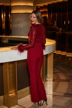 Ruby Red Sequin Two Part Feather Trim Kick Flare Jumpsuit 11 Ruby Red Sequin Two Part Feather Trim Kick Flare Jumpsuit -SOSANDAR Sales web 2309 62 a23jw010rd0001 62 134