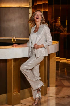 Champagne Gold Sequin Ruched Sleeve Blazer -SOSANDAR Sales web 2309 63 a23ow067cm0002 a23bw044cm0002 63 051