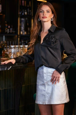 Black Luxe Satin Corsage Detail Shirt -SOSANDAR Sales web 2309 68 a23sd008mc0005 a23tw054bk0001 68 002 1