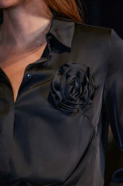 Black Luxe Satin Corsage Detail Shirt -SOSANDAR Sales web 2309 68 a23sd008mc0005 a23tw054bk0001 68 147