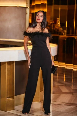Black Bardot Feather Trim Jumpsuit 10 Black Bardot Feather Trim Jumpsuit -SOSANDAR Sales web 2309 73 a23jj001bk0001 73 064