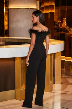 Black Bardot Feather Trim Jumpsuit 11 Black Bardot Feather Trim Jumpsuit -SOSANDAR Sales web 2309 73 a23jj001bk0001 73 121
