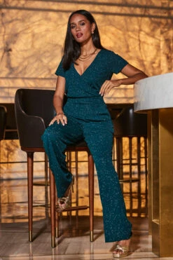 Emerald Green Sparkle Wrap Front Jumpsuit -SOSANDAR Sales web 2309 77 a21jj003gn0001 77 046