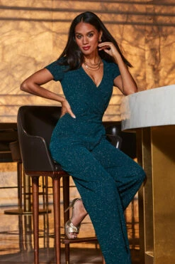 Emerald Green Sparkle Wrap Front Jumpsuit -SOSANDAR Sales web 2309 77 a21jj003gn0001 77 099