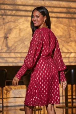 Raspberry Pink & Gold Metallic Spot Print Belted Wrap Dress 9 Raspberry Pink & Gold Metallic Spot Print Belted Wrap Dress -SOSANDAR Sales web 2309 78 a23dw085pk0026 78 137