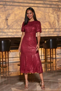 Red Sequin Fit & Flare Puff Sleeve Midi Dress 10 Red Sequin Fit & Flare Puff Sleeve Midi Dress -SOSANDAR Sales web 2309 79 a23dw051rd0001 79 007