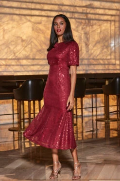 Red Sequin Fit & Flare Puff Sleeve Midi Dress 13 Red Sequin Fit & Flare Puff Sleeve Midi Dress -SOSANDAR Sales web 2309 79 a23dw051rd0001 79 049