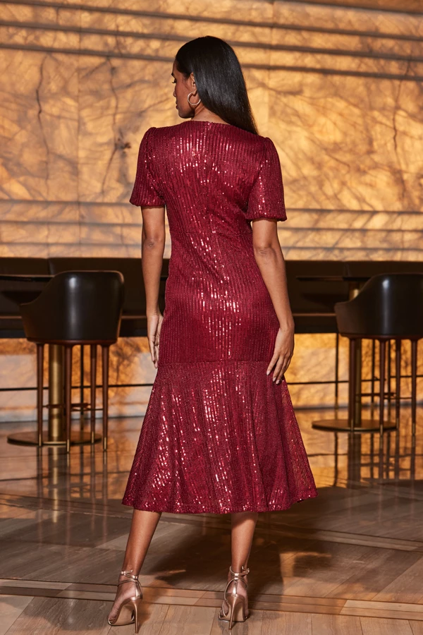 Red Sequin Fit & Flare Puff Sleeve Midi Dress 6 Red Sequin Fit & Flare Puff Sleeve Midi Dress - Image 4