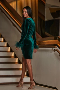 Emerald Green Velvet Feather Cuff Wrap Pencil Dress 10 Emerald Green Velvet Feather Cuff Wrap Pencil Dress -SOSANDAR Sales web 2309 83 a23dv006gr0001 83 095