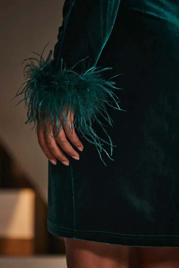 Emerald Green Velvet Feather Cuff Wrap Pencil Dress 7 Emerald Green Velvet Feather Cuff Wrap Pencil Dress - Image 5