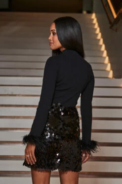 Black Feather Cuff Ribbed Knit Jumper -SOSANDAR Sales web 2309 85 a22ow035bk0001 a23sw001bk0001 a23tk285bk0001 85 171