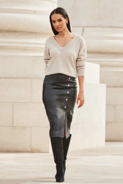 Black Leather Gold Button Midi Pencil Skirt -SOSANDAR Sales web 2309 87 a23sl005bk0001 a23tk280bn0003 87 263