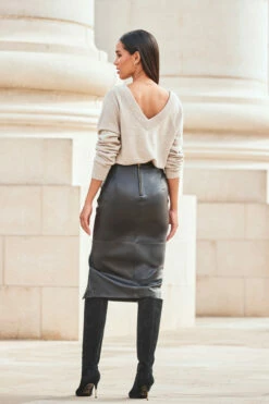 Black Leather Gold Button Midi Pencil Skirt -SOSANDAR Sales web 2309 87 a23sl005bk0001 a23tk280bn0003 87 293